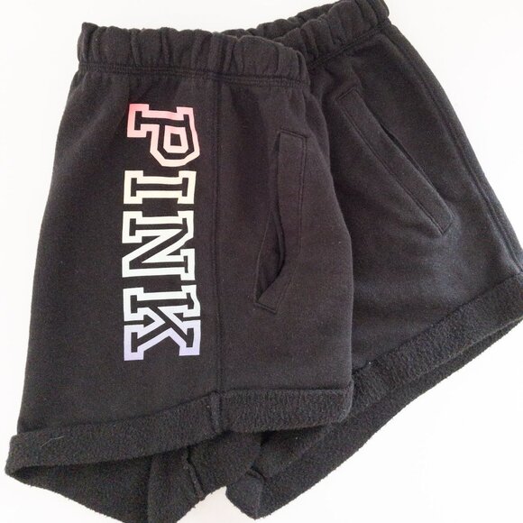 Pants - Victorias Secret Pink Black Fleece Shorts With Rainbow Logo Elastic Waistband S